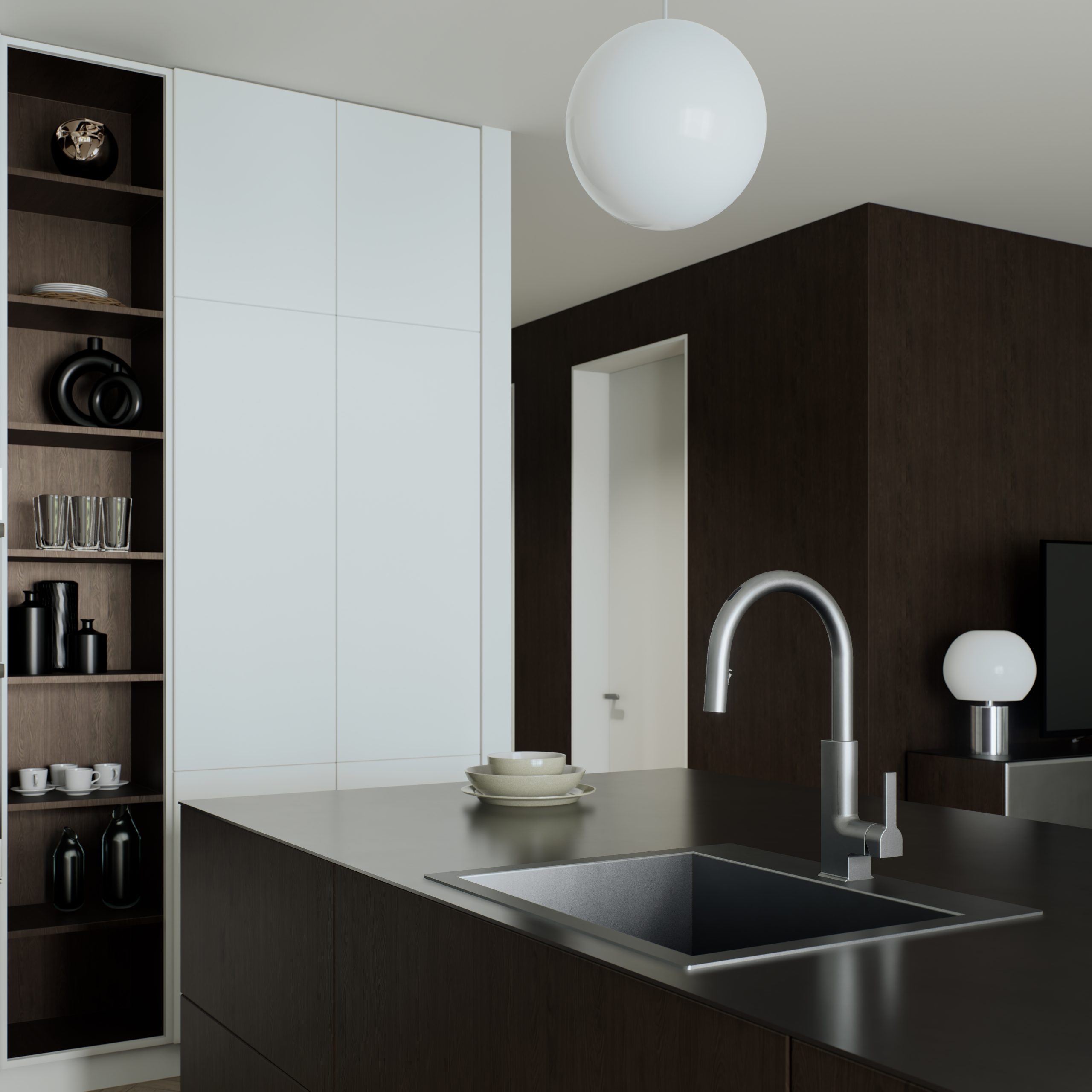 A stylish kitchen featuring a minimalist design, blending dark and light elements for a contemporary look. 3D Render
