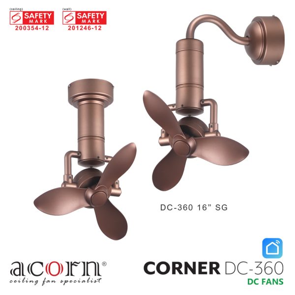 Acorn Corner DC-360 16 inch corner fan in sand gold, ceiling mounted and wall mounted