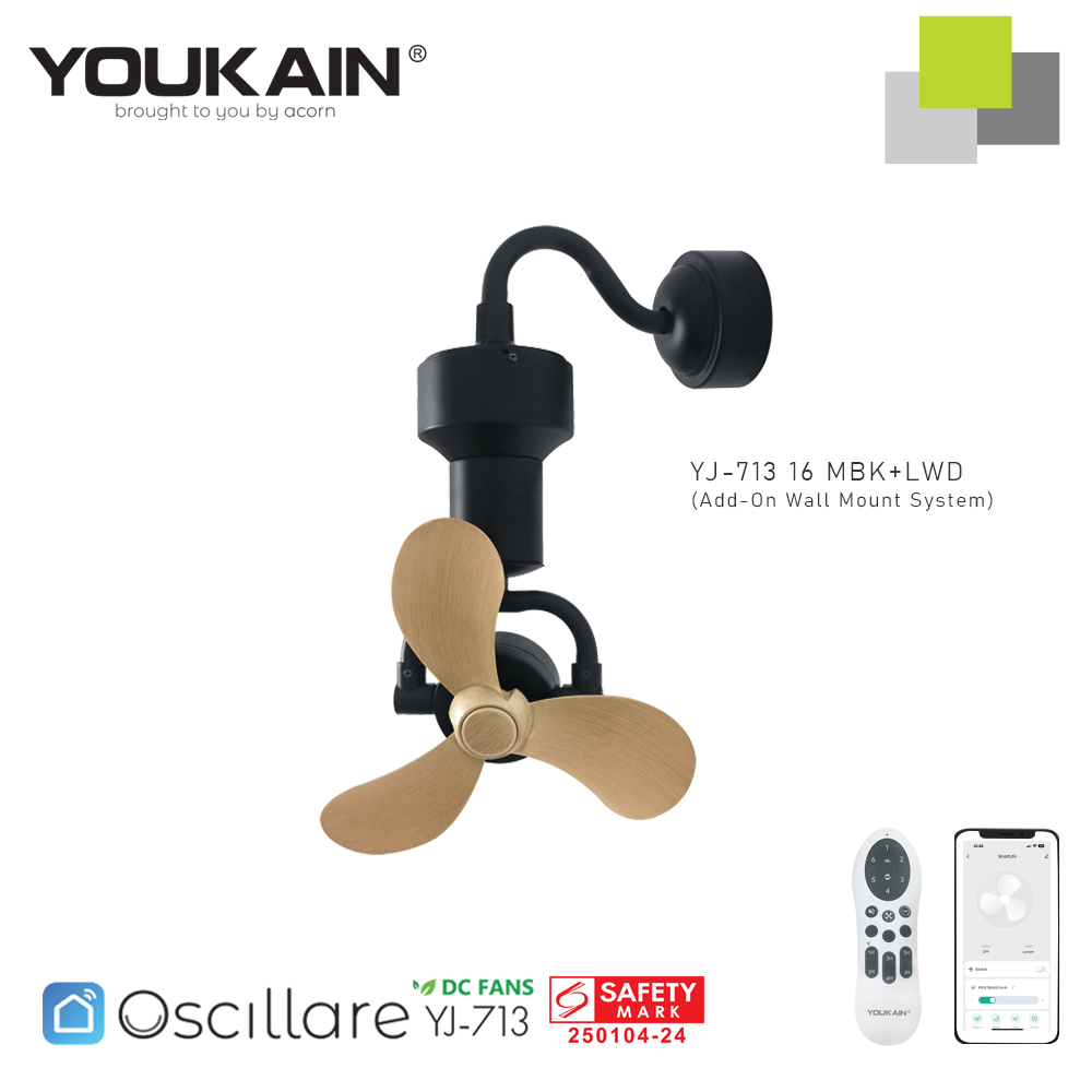 YOUKAIN Oscillare YJ-713 16 inch corner fan in matt black with light wood blades, wall mounted
