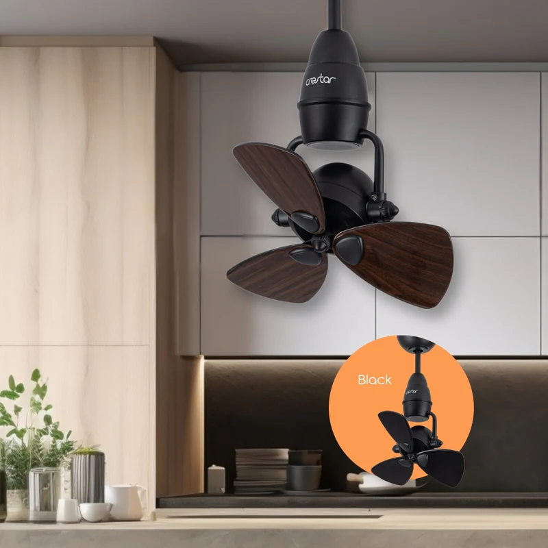 Crestar Heno corner fan in black with walnut blades, ceiling mounted in a kitchen