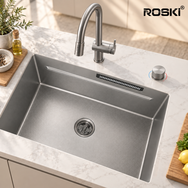 ROSKI KS-6845-SS-EM undermount embossed stainless steel kitchen sink in nano grey with waterfall spout