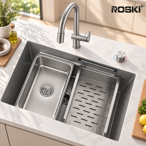 Undermount Embossed Kitchen Sink NANO Grey Stainless Steel – ROSKI KS-6845-SS-EM