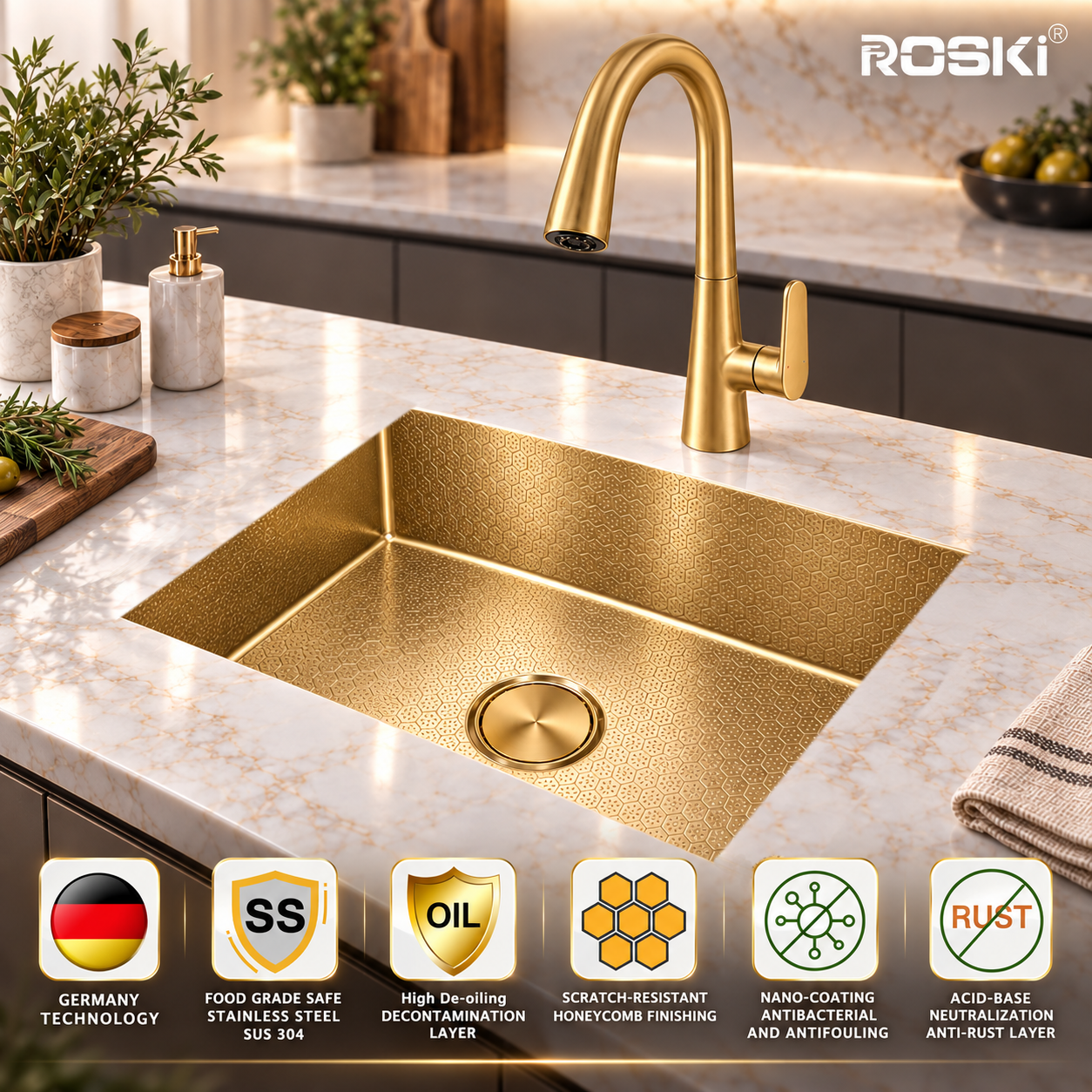 Undermount Honeycomb Kitchen Sink NANO GOLD Stainless Steel – ROSKI KS-6145-GD-HC