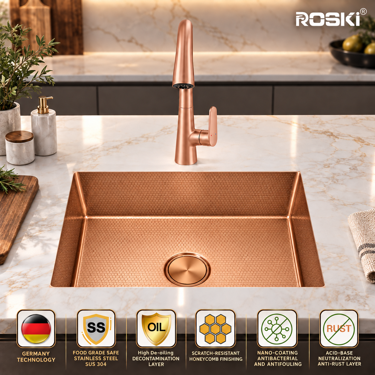 Undermount Honeycomb Kitchen Sink NANO ROSE GOLD Stainless Steel – ROSKI KS-6145-RG-HC