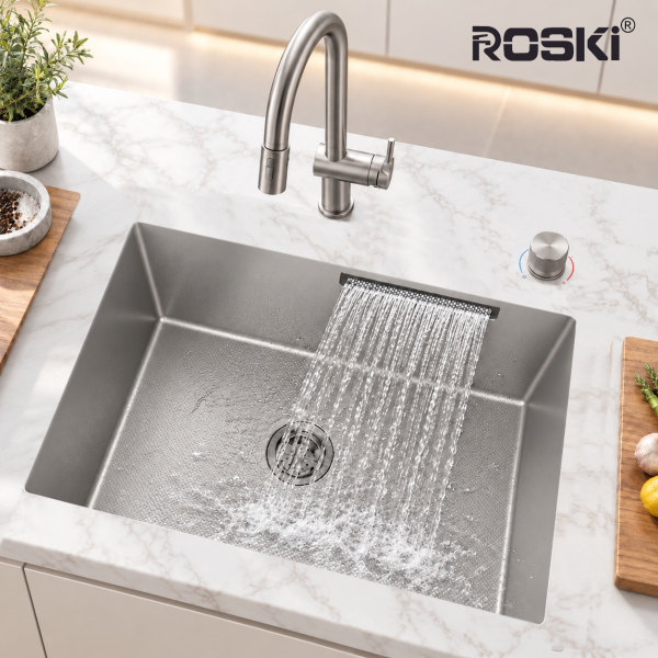 ROSKI KS-6845-SS-FY-EM undermount kitchen sink in nano white stainless steel with waterfall water flow