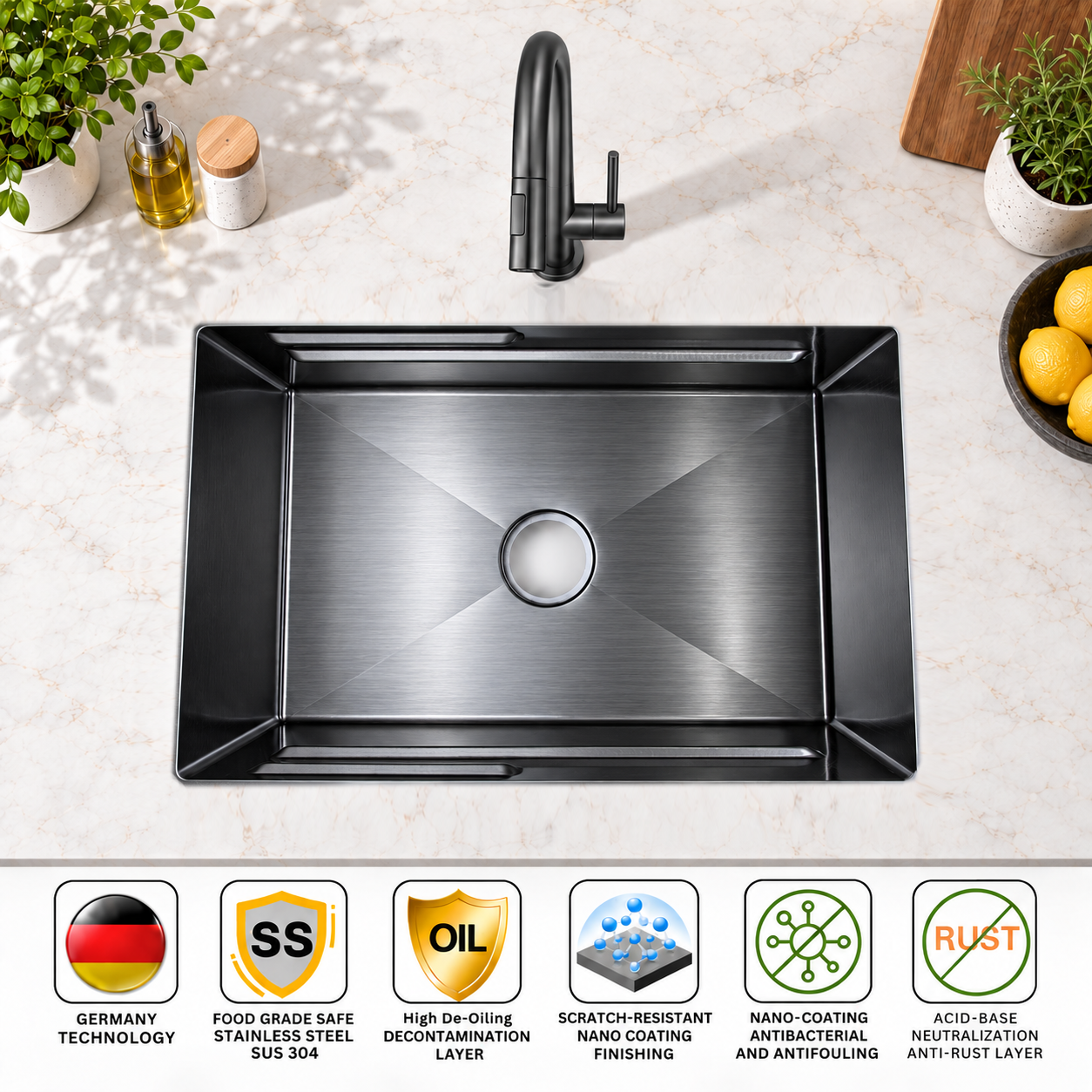 Undermount Honeycomb Kitchen Sink NANO SILVER Stainless Steel – ROSKI KS-6845/7645-Z-NS/NB