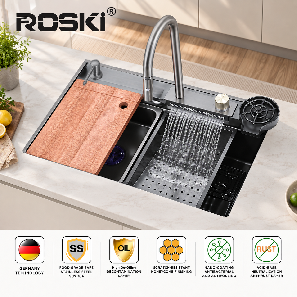 Undermount Honeycomb Kitchen Sink NANO Black Stainless Steel – ROSKI KS-FY-7645-BK/GR-HC