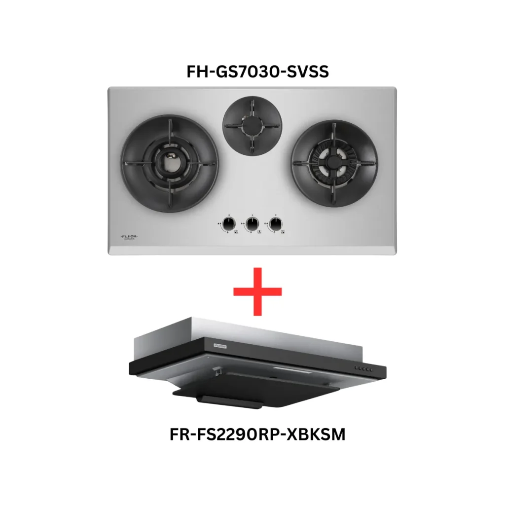 Fujioh FH-GS7030 SVSS 3 burner stainless steel gas hob with a double inner flame burner, shown together with the FR-FS2290RP-XBKSM slim cooker hood