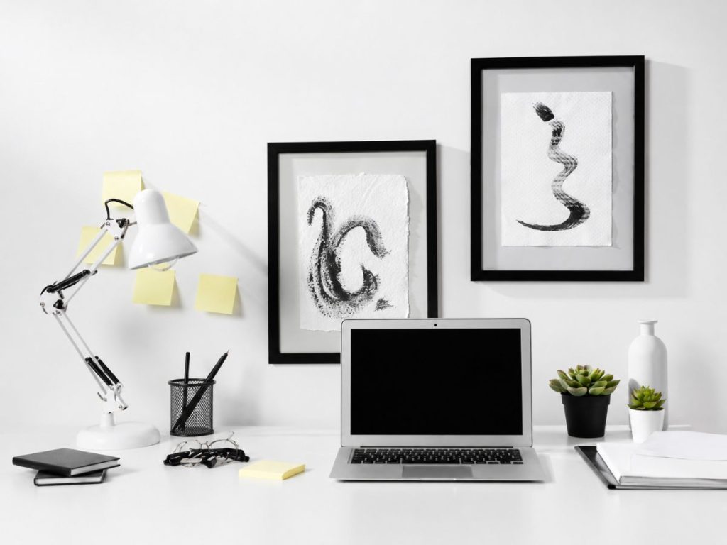 Study room lighting ideas with an adjustable desk lamp, laptop and framed wall art