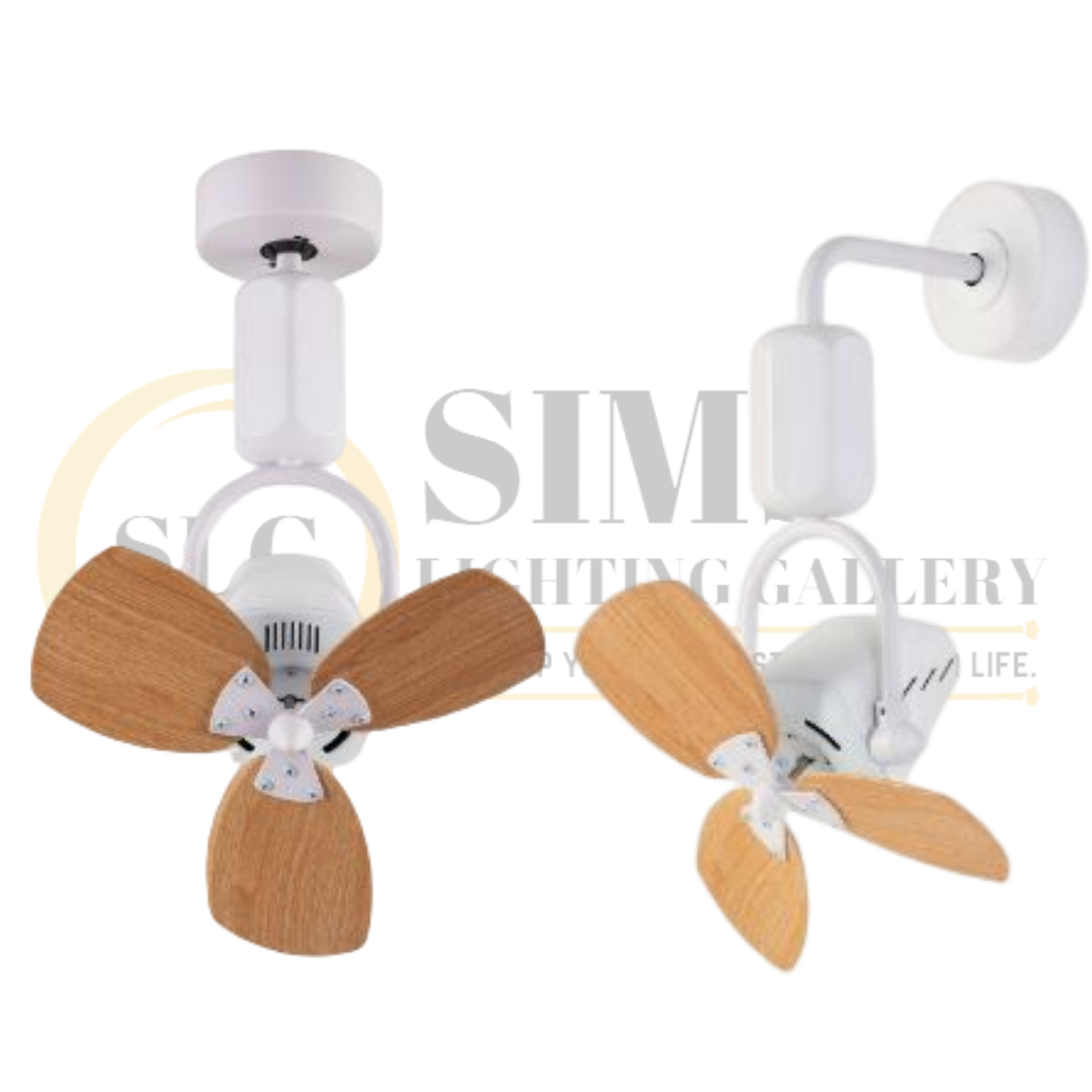 Fanco Dono 16 inch corner fan in white with wood blades, shown ceiling mounted and wall mounted