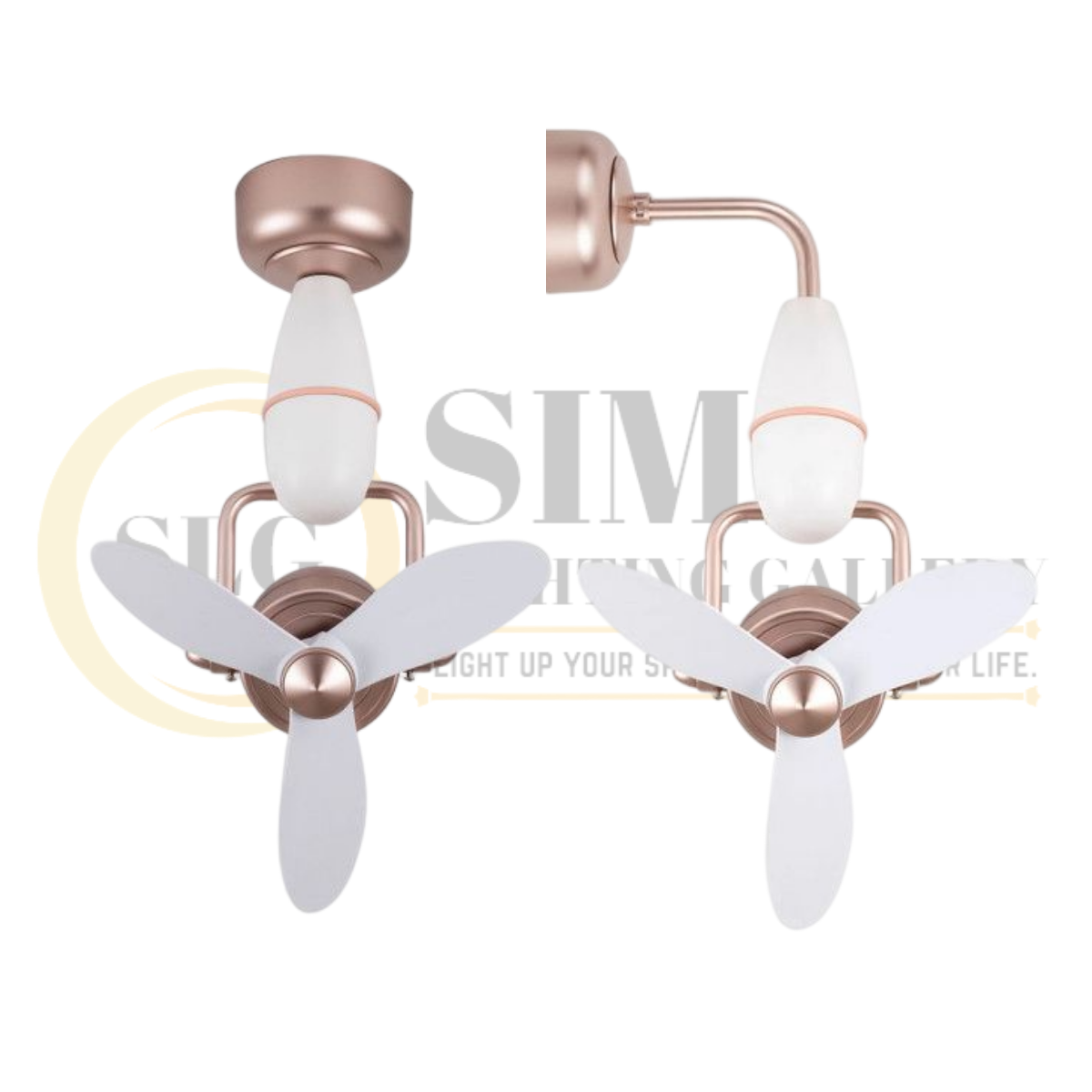 Fanco Tristar Nano corner fan in rose gold with white blades, ceiling mounted and wall mounted